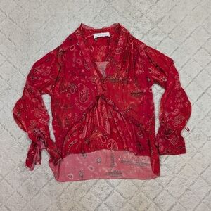 IRO Jeans Top Womens 36 Red Bavone Paisley Bandana Print Boho Ruffle Blouse